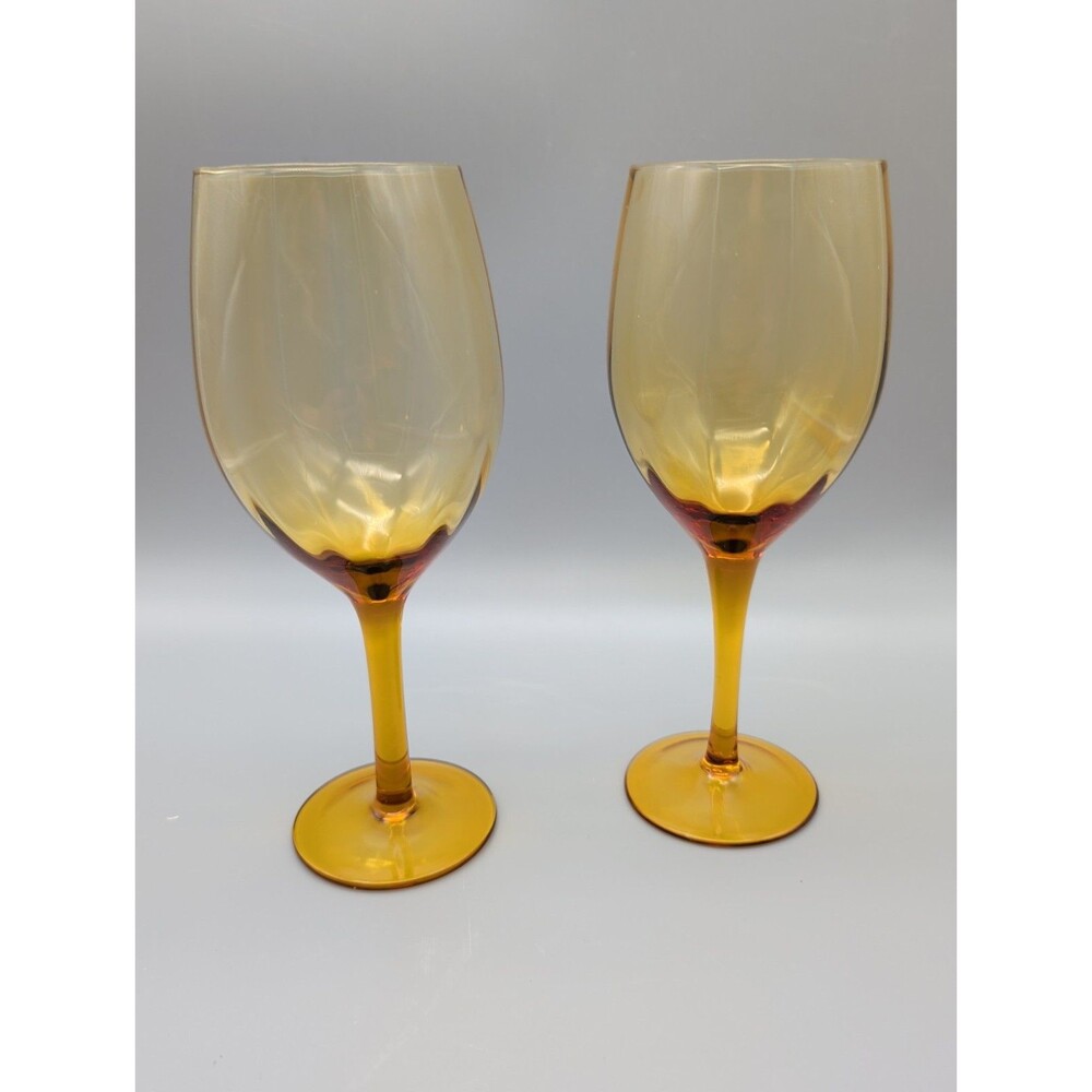Vintage MCM Amber Optic Glass Wine Goblets Stemware Brown Set of 2